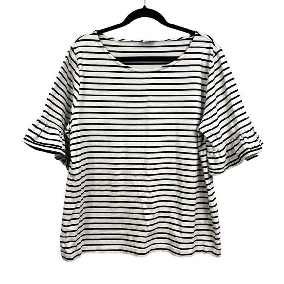 J. Crew Womens Top Striped Navy Cream Short‎ Bell Ruffled Sleeves Sz XXL - Picture 1 of 5